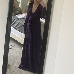 Lulu's purple formal chiffon gown with deep v neck and lantern sleeves